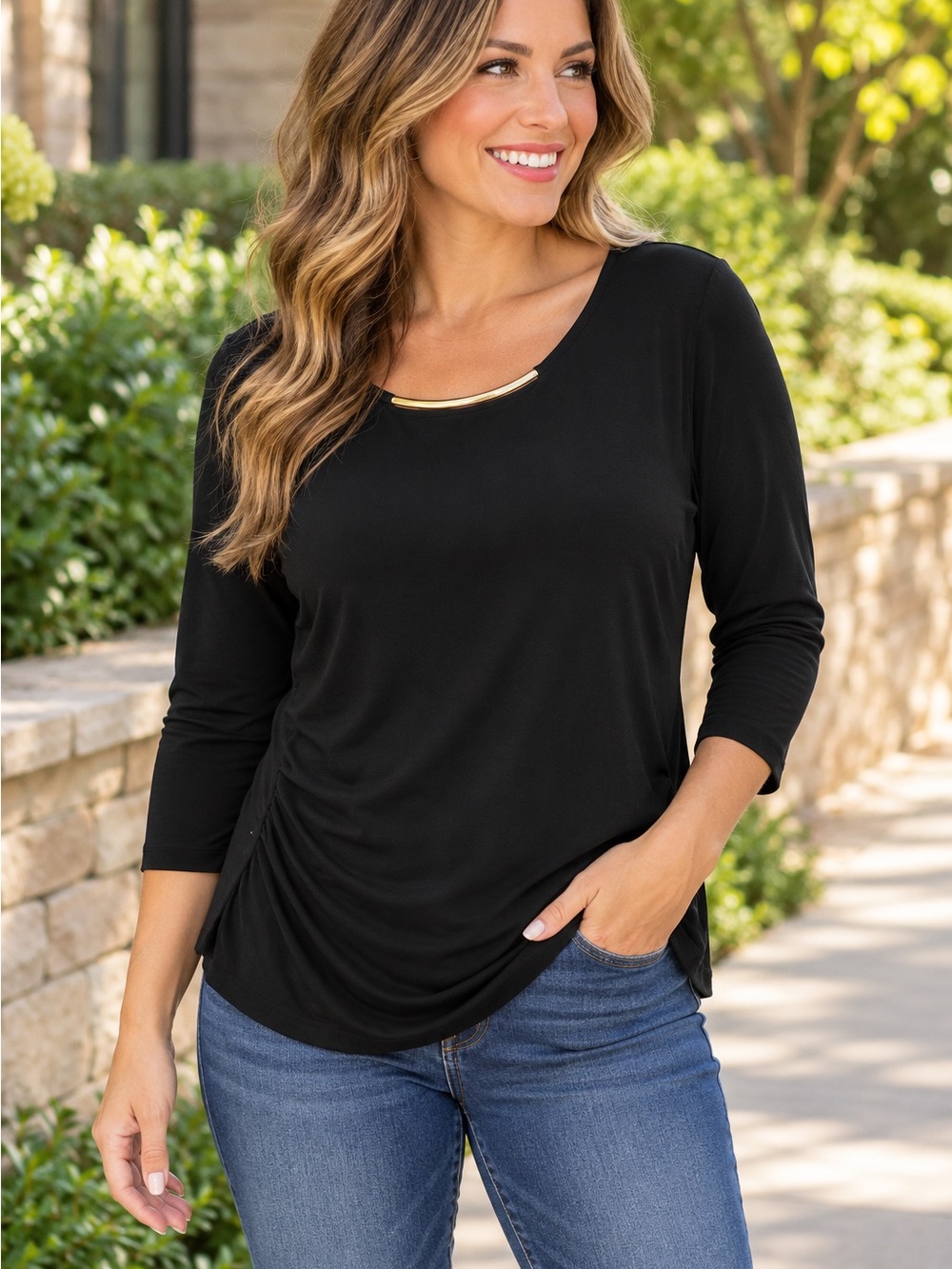 Calvin Klein Black 3/4 Sleeve Top Gold Neckline Detail Size Medium